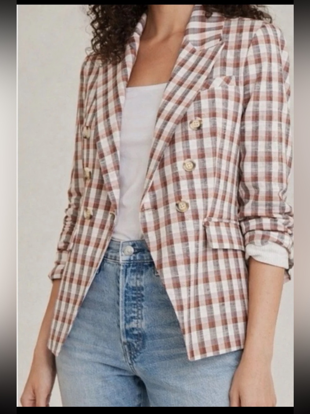 Joie Blazer Spice Plaid Double Breasted Cotton Blend Jacket Size Medium - Picture 3 of 12